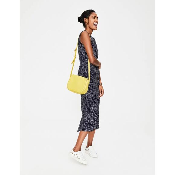 Boden Camille Polka Dot Midi Dress Navy Blue Tie Waist Slit Back Zip Sz 12 - Picture 2 of 14